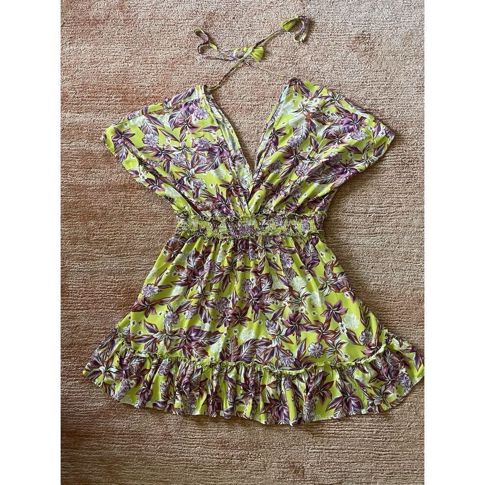 Blue Island Yellow Floral Halter Mini Dress Ruffle Hem Smocked Waist Size XL
